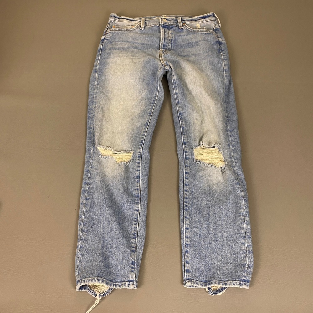Mother The Scrapper Ankle Jeans 27 Light Blue Distressed Straight Button Fly